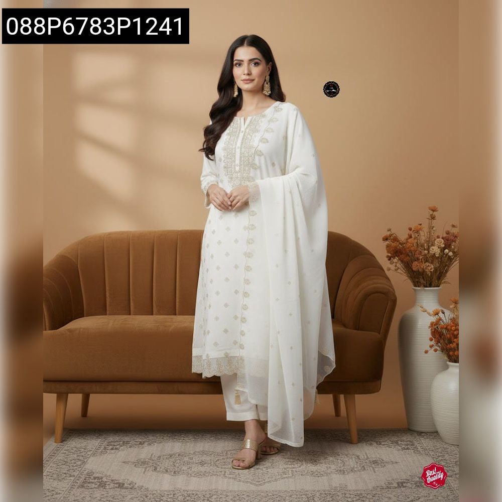 Women's Off-White Embroidered Kurti Set, full body model standing against a neutral background.