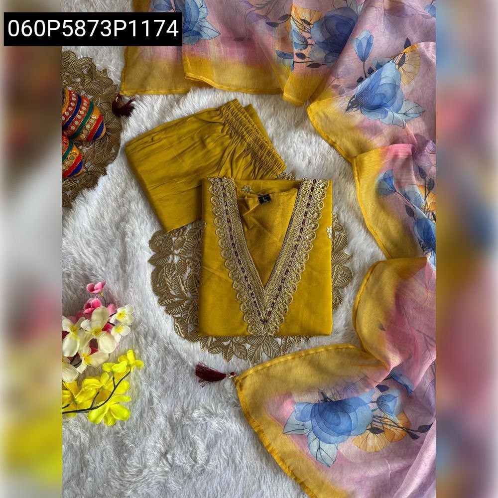 Mustard Yellow Roman Silk Kurti Set with Embroidery and Digital Print Chanderi Dupatta on a white furry background.