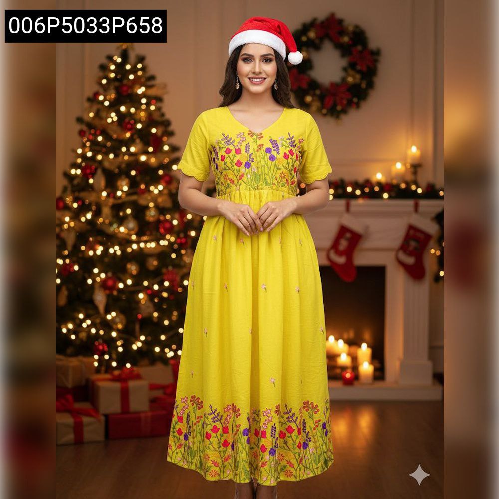 Women's Yellow Embroidered Maska Cotton Three-Tier Flare Maxi Dress