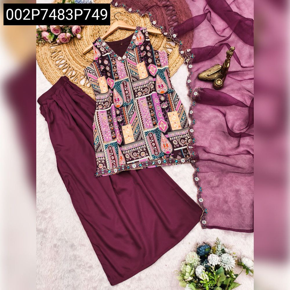 Women's Plum Purple Modal Satin Kurta Set with printed top and plain pant, arranged with organza dupatta on a mat.