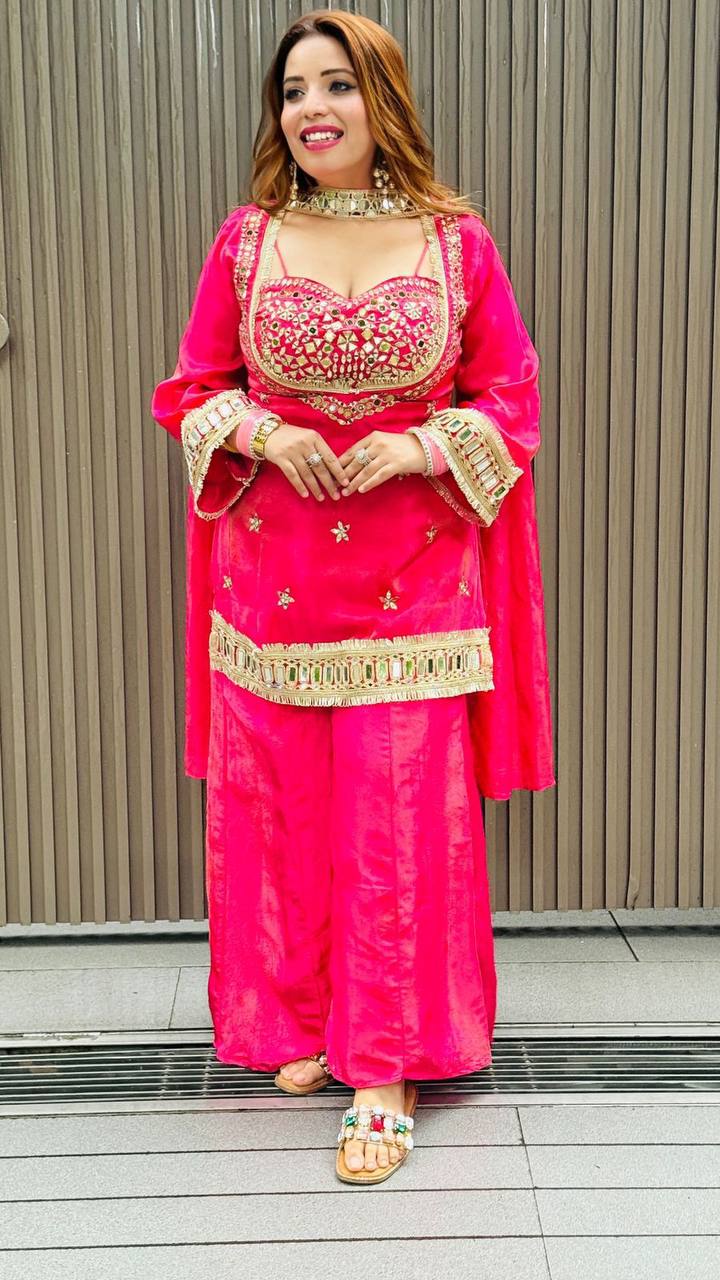 Women's Rani Pink 4-piece mirror work palazzo suit, full body model