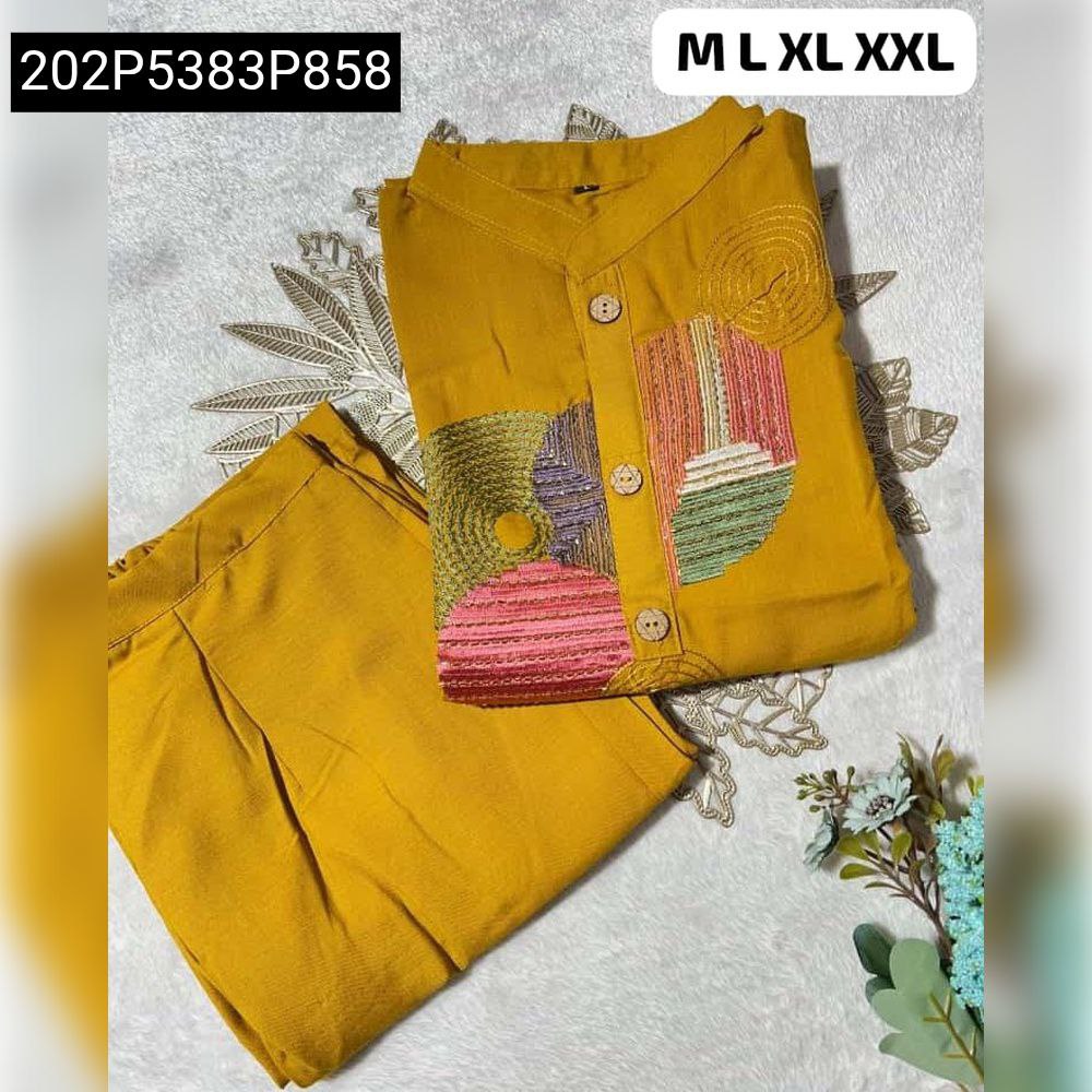 Mustard Women's Embroidered Plazzo Suit Set, folded view