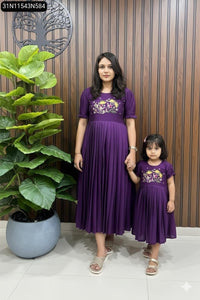 Women's Embroidered Pleated Gown | Mother Daughter Party Wear Combo