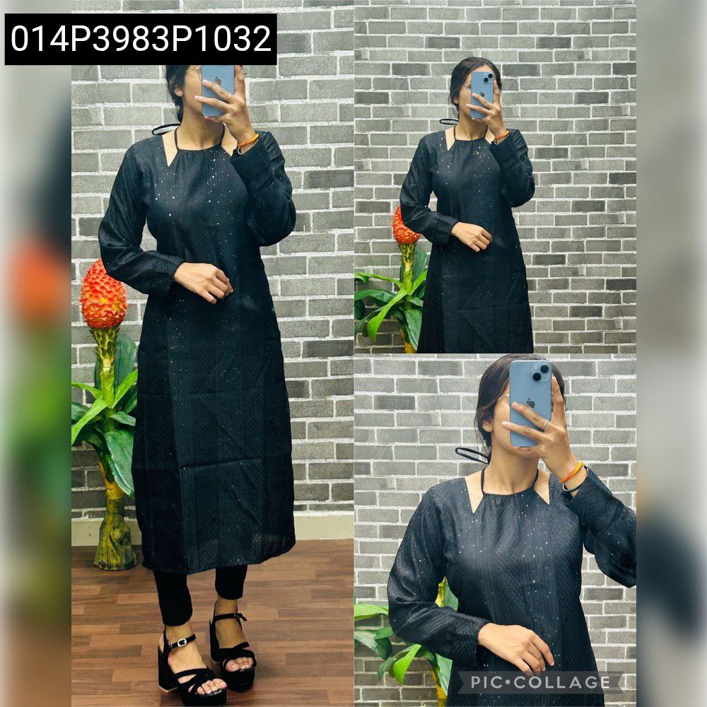 Woman posing in a black Roman silk kurti with subtle embroidery