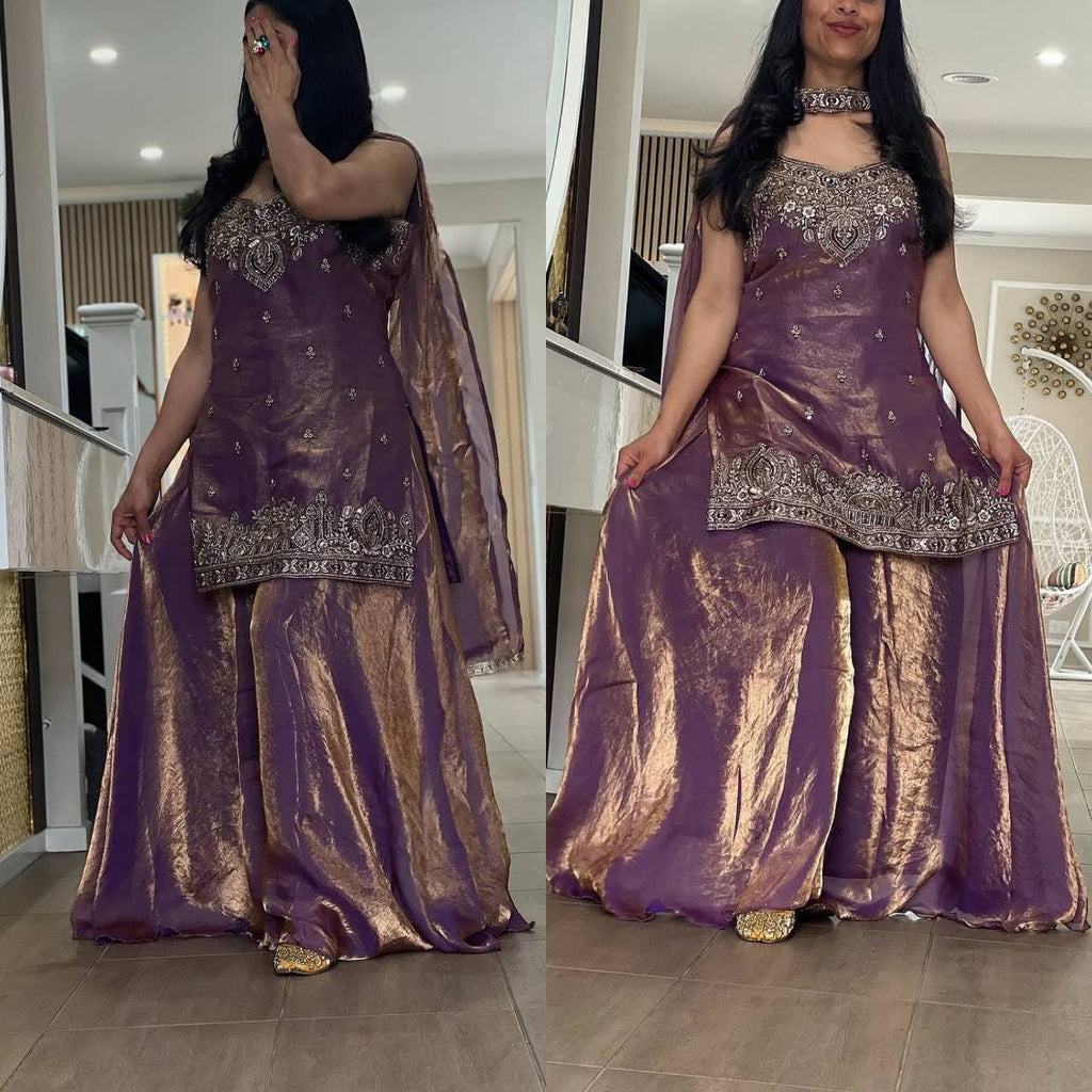 Women's Lavender Embroidered Sequence Palazzo Suit with Dupatta, full body view