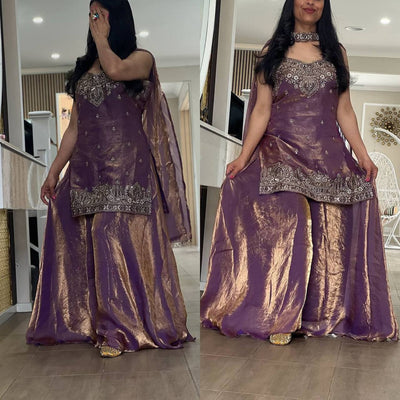 Women's Embroidered Sequence Ready To Wear Top Palazzo Dupatta Set | Festive