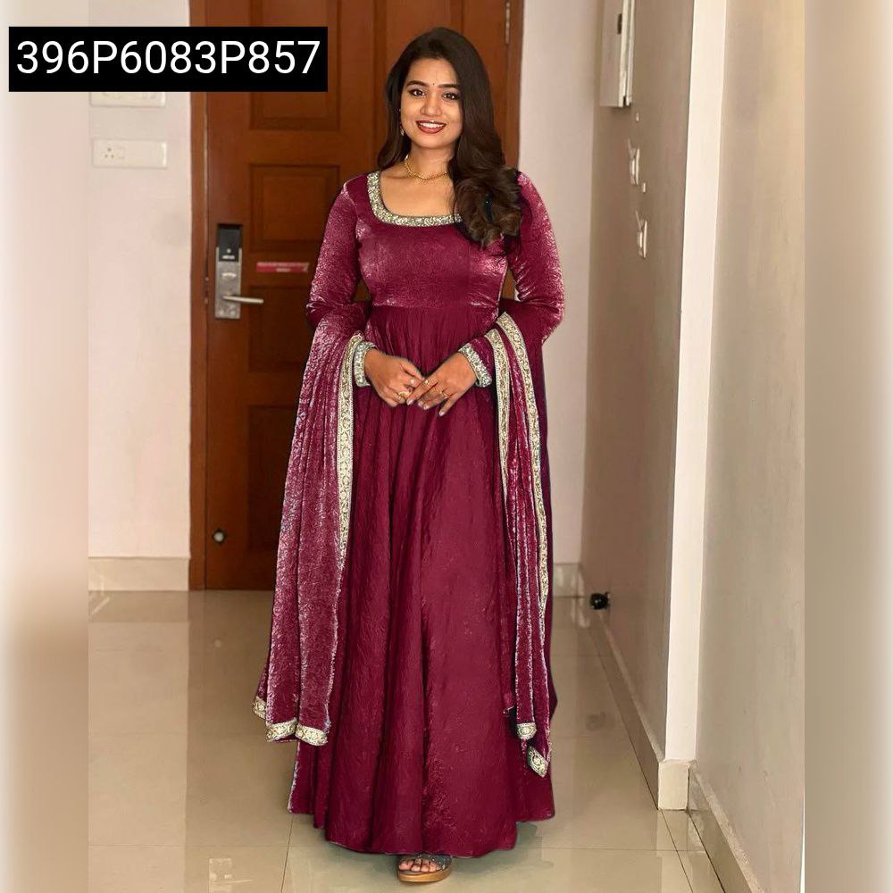 Women's Embroidered Silk Party Wear Gown in Maroon, full body model shot