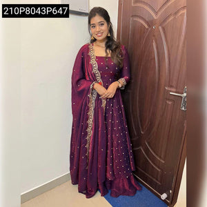 Women's Embroidered Soft Space Silk Gown with Dupatta | Festive Elegance
