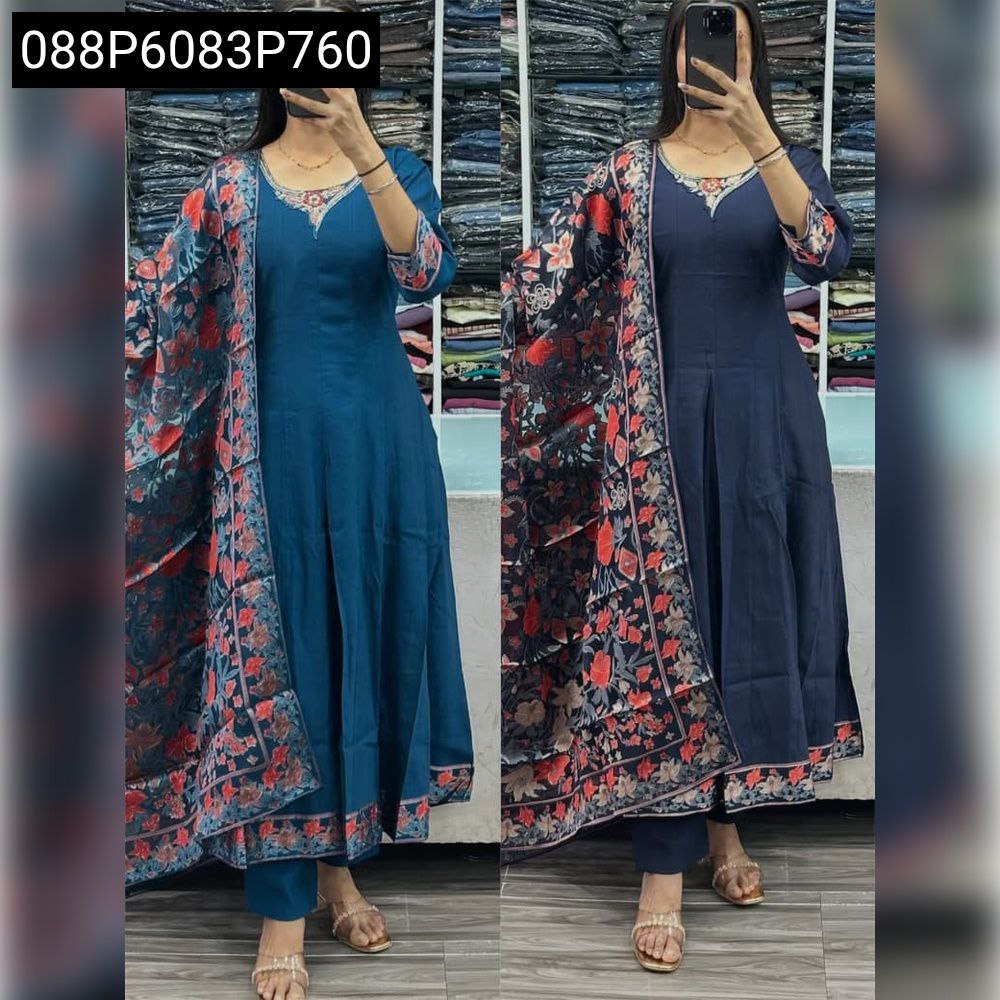 Women's Anarkali Kurti Set in Teal Blue and Navy Blue with model wearing both colors