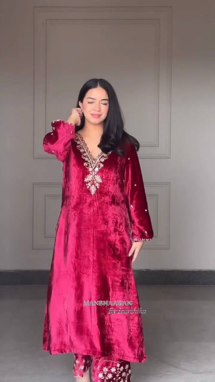 Model in stunning Maroon Velvet 3 Piece Suit with sequence embroidery, posing elegantly.