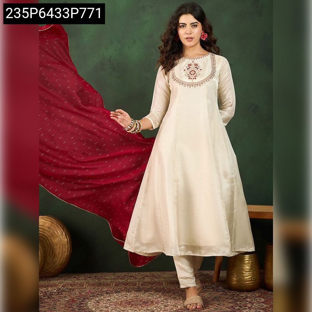 Front view of woman in Festive Cream Vichitra Kurti Pant Dupatta Set