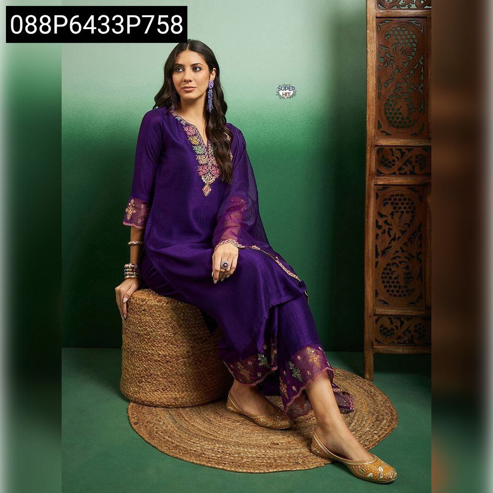 Model wearing a Regal Purple Viscose Chanderi Kurti Set with embroidery, sitting elegantly.