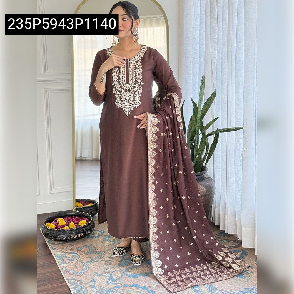 Full body view of model showcasing Mahogany Viscose Chanderi Kurti Set with embroidered neckline and Jacquard Dupatta.