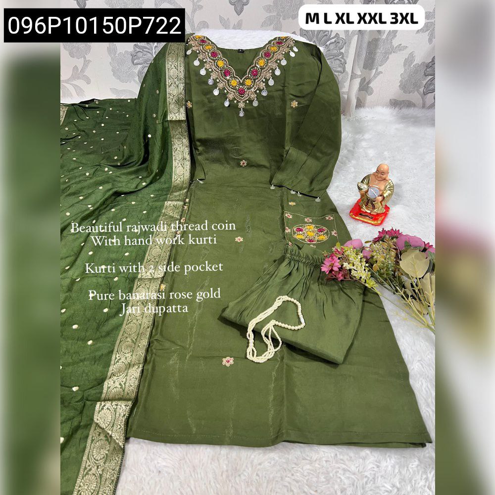 Green Viscose Kurti Pant Dupatta Set with embroidered neckline and pocket details