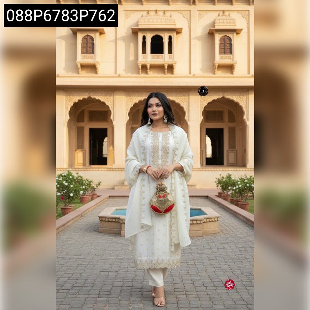 Woman in off-white embroidered viscose kurti set posing front-facing with a confident look in a grand outdoor setting.