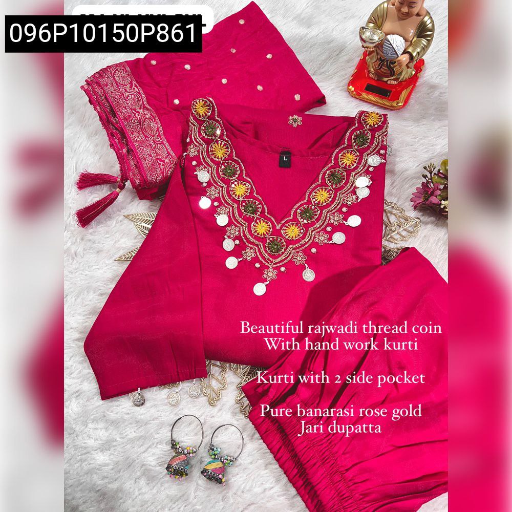 Women's Embroidered Viscose Kurti Set in Fuchsia with Jacquard Dupatta, flat lay