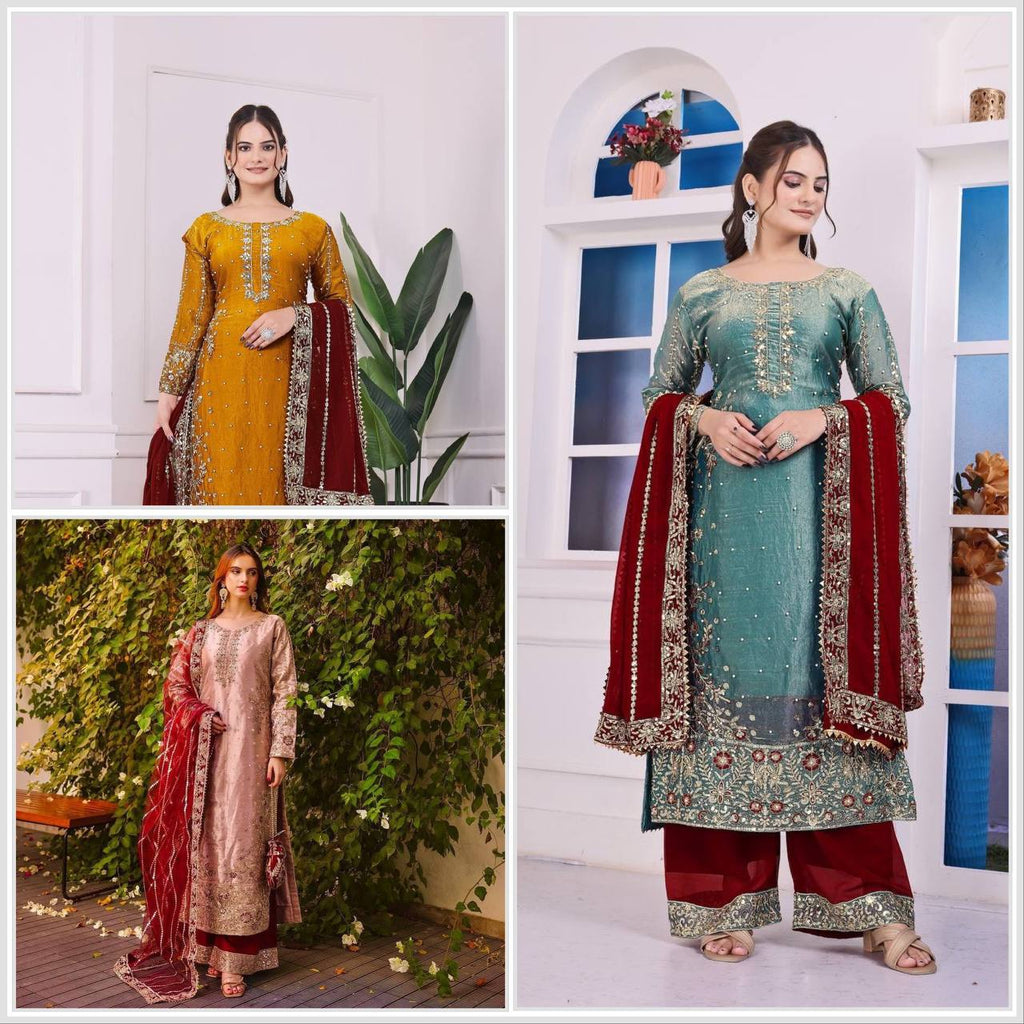 Three models showcasing different color variations of the embroidered Top Plazzo with Dupatta set, perfect for Eid Special occasions.