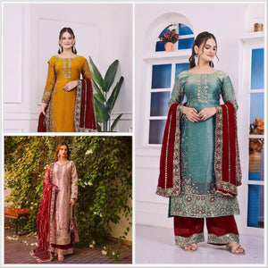 Women's Fancy Embroidered Sequence Top Plazzo with Dupatta Set | Eid Special