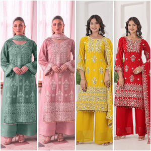 Women's Fancy Georgette Kurti Palazzo Dupatta Set | Eid Collection