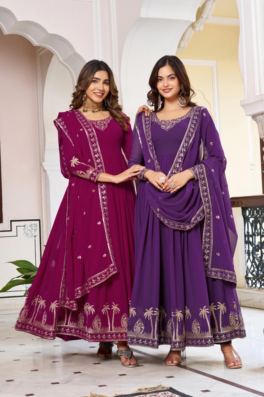 Two women showcasing Regal Purple and Deep Fuchsia Anarkali Gowns with intricate sequence work.