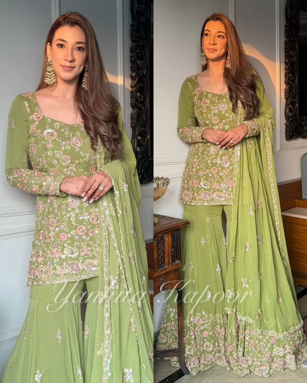 Woman posing in a light green faux georgette sharara suit with pink and silver embroidery.