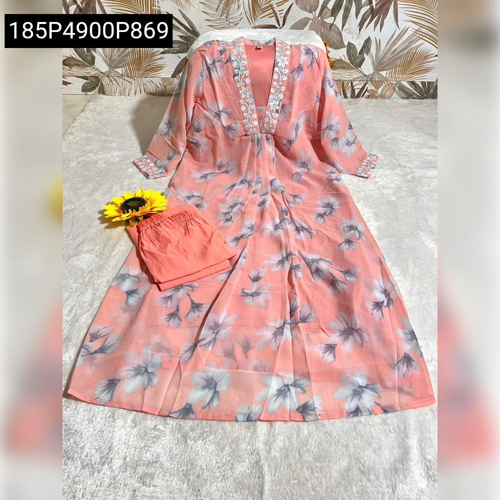 Full view of a Peach Floral Faux Georgette Kurta with matching Palazzo, showcasing the V-neck and delicate print.