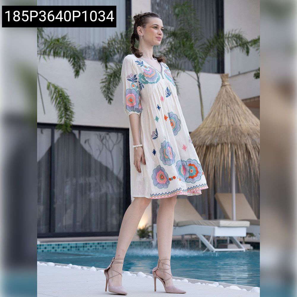 Women's White Floral Embroidered Polycotton Dress, model posing by pool
