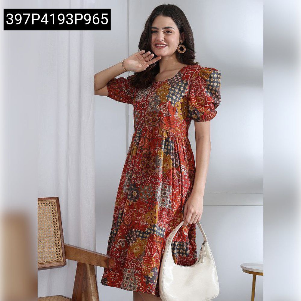 Full body model wearing Earthen Floral Print Flutter Sleeve Dress with white bag