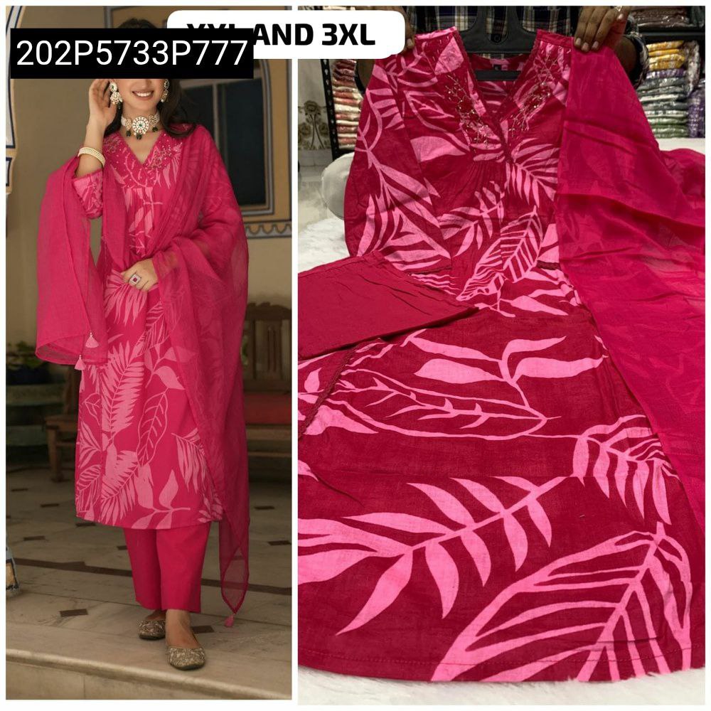 Model in a vibrant Pink Floral Print Rayon Suit with matching dupatta and pants, standing elegantly.