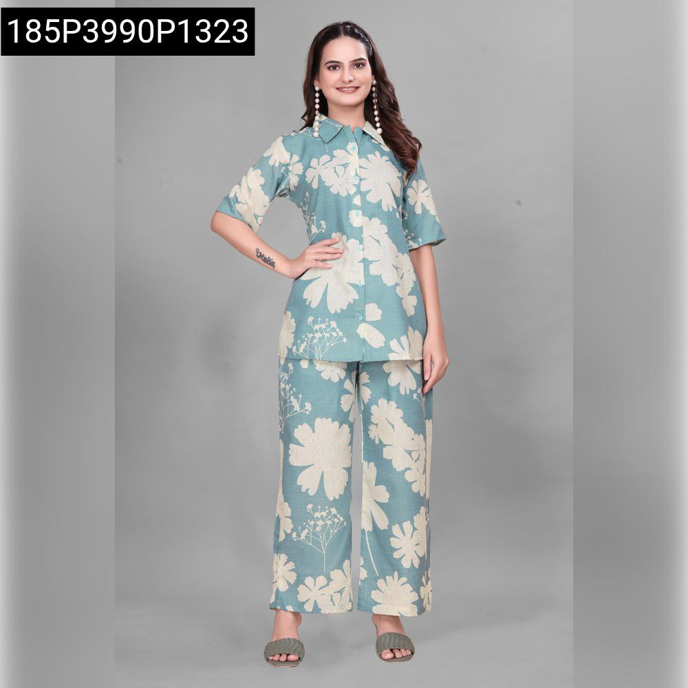 Women's Aqua Floral Cotton Co-ord Set, full body front pose