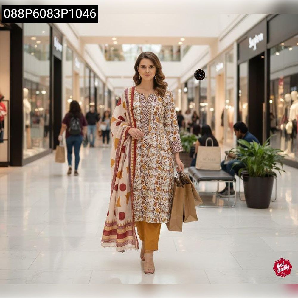 Woman posing in a white and yellow floral printed kurti suit set with a patterned dupatta and yellow pants, carrying shopping bags in a mall.