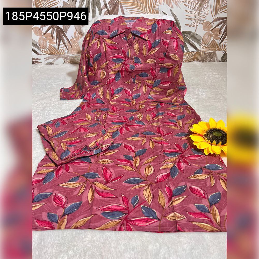 Women's Maroon Floral Rayon Kurta Pant Set - Flat Lay