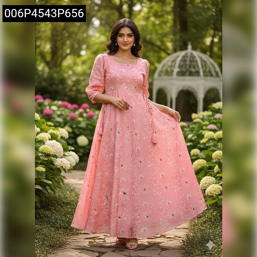 Woman elegantly posing in a Blush Pink floral square neck midi dress with puff sleeves in a lush garden.