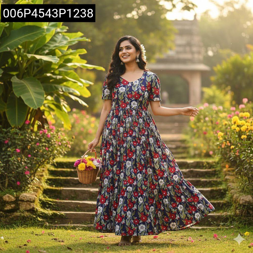 Woman in navy blue and red floral maxi dress, holding a flower basket, smiling in a garden setting.
