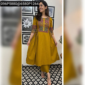 Women's Full Flair A-Line Cotton Kurti Palazzo Set | Mirror Work & Tassels