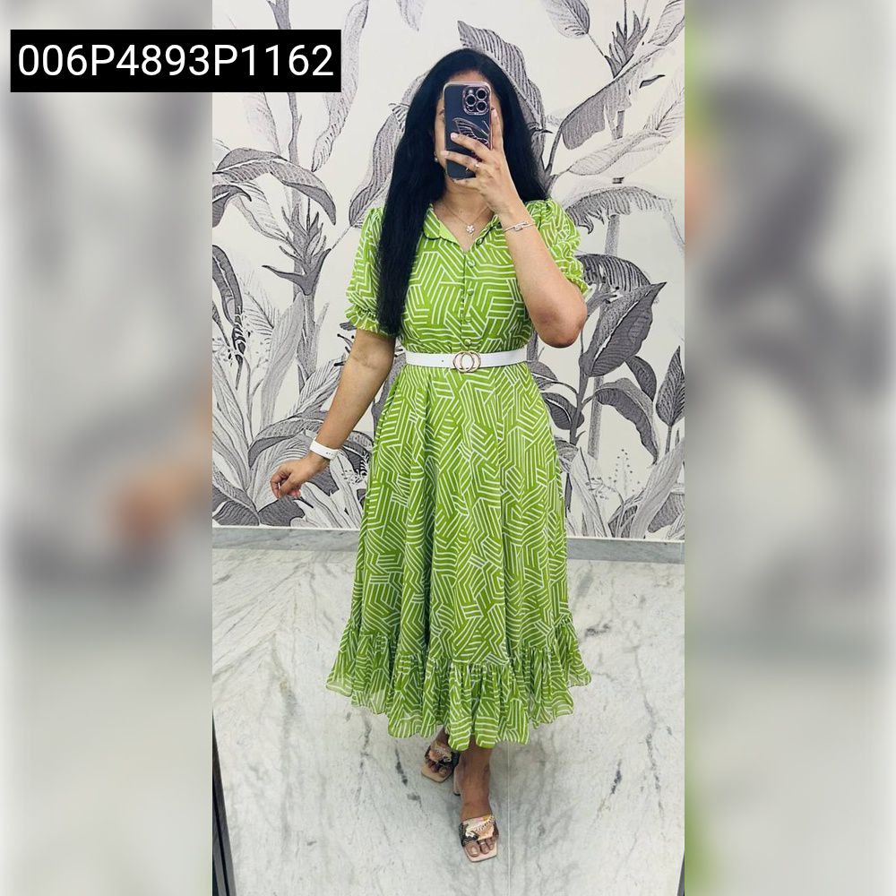Model wearing Green Geometric Fox Georgette Maxi Dress with white belt