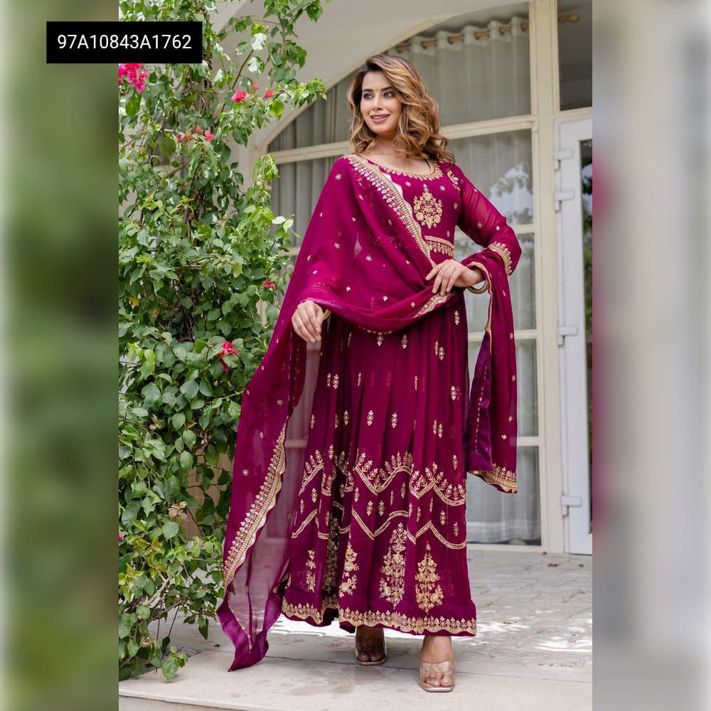 Women's Magenta Georgette Embroidery Anarkali Kurti with Dupatta, full body model shot