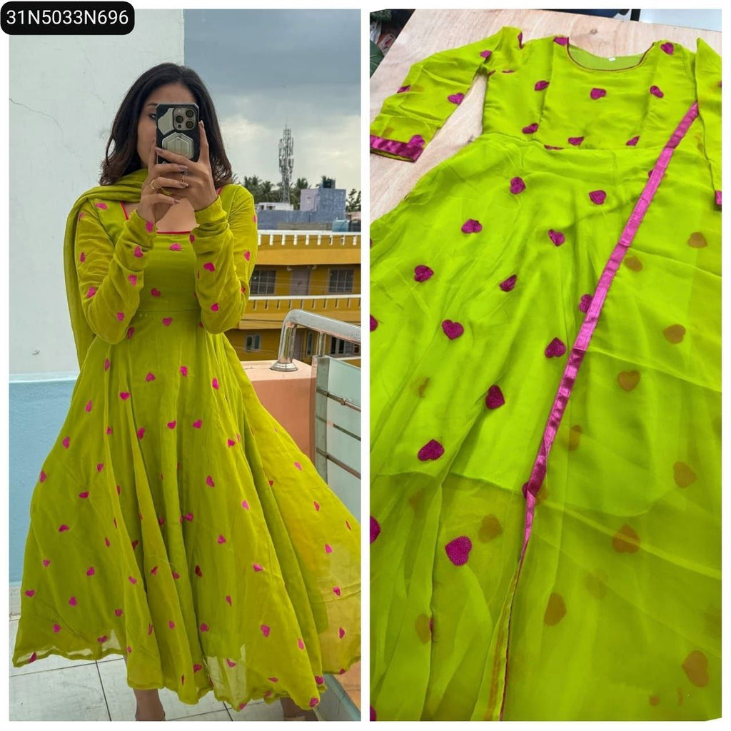 Women's Georgette Silk Umbrella Kurti in Lime with Pink Hearts