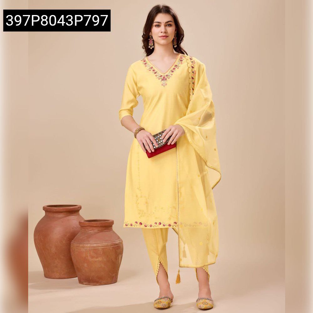 Women's yellow hand embroidered Viscose Silk kurta set with dhoti pants and organza dupatta, front view model shot.