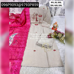 Women's Hand Work Embroidered Kurti Pant Set with Organza Dupatta | Festive Muslin Wear