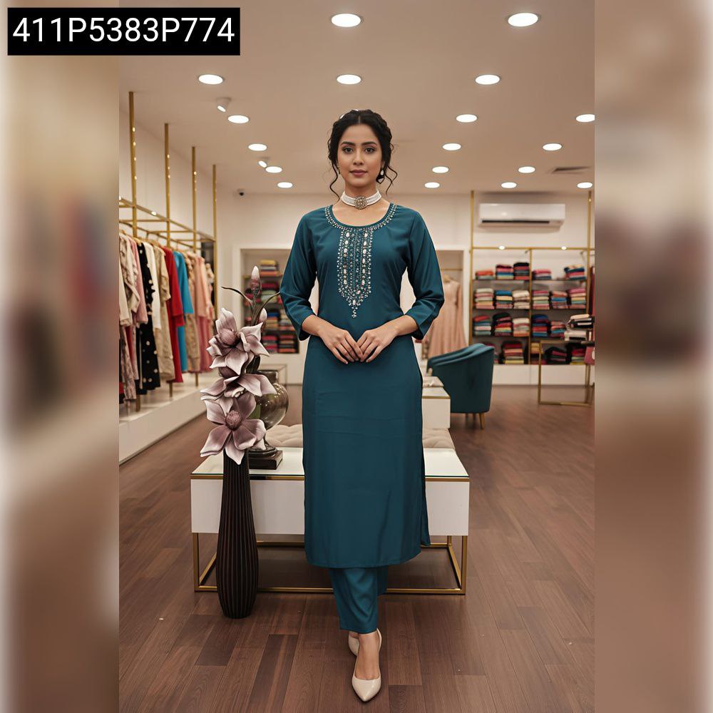 Women's Teal Blue Viscos Roman Silk Kurta Pant Set with hand work embroidery, full body model shot