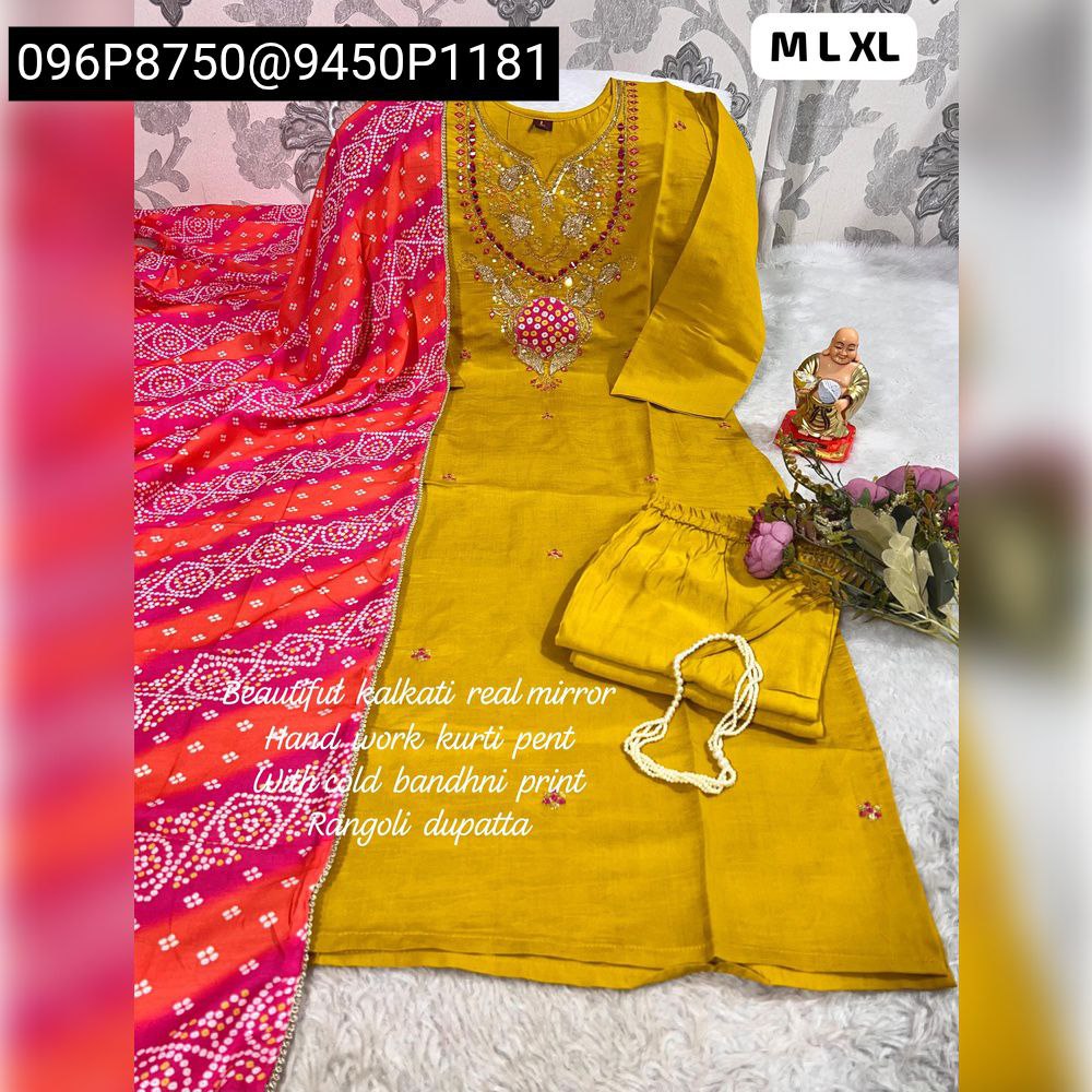 Women's Yellow Hand Work Kurti with Red Bandhej Dupatta and Pant Set, front view