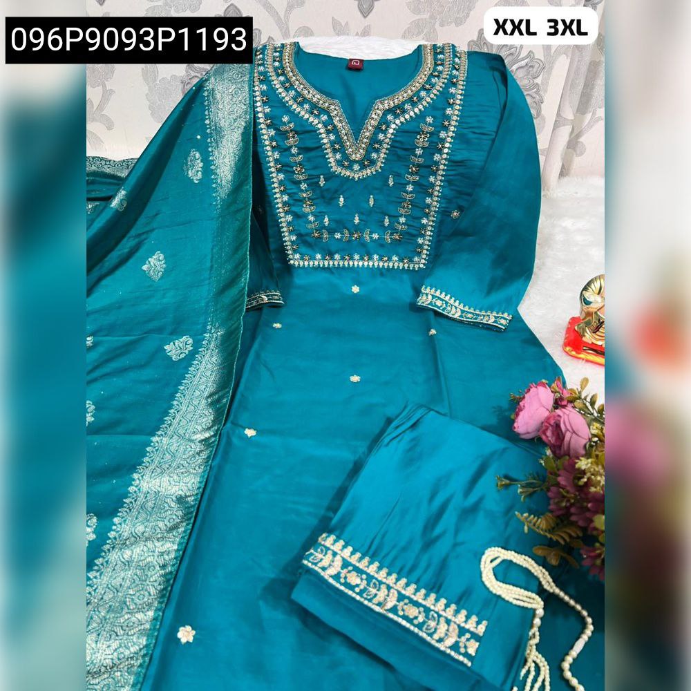 Teal Hand Work Viscose Kurti with Dupatta Pant Set, full view