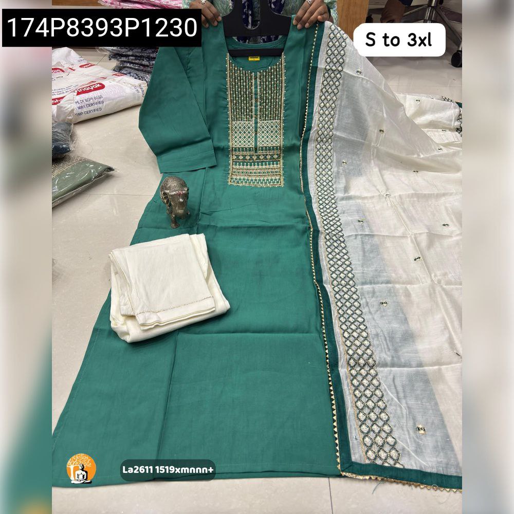 Emerald Green Women's Hand Work Maslin Kurti Set with Pant and Dupatta