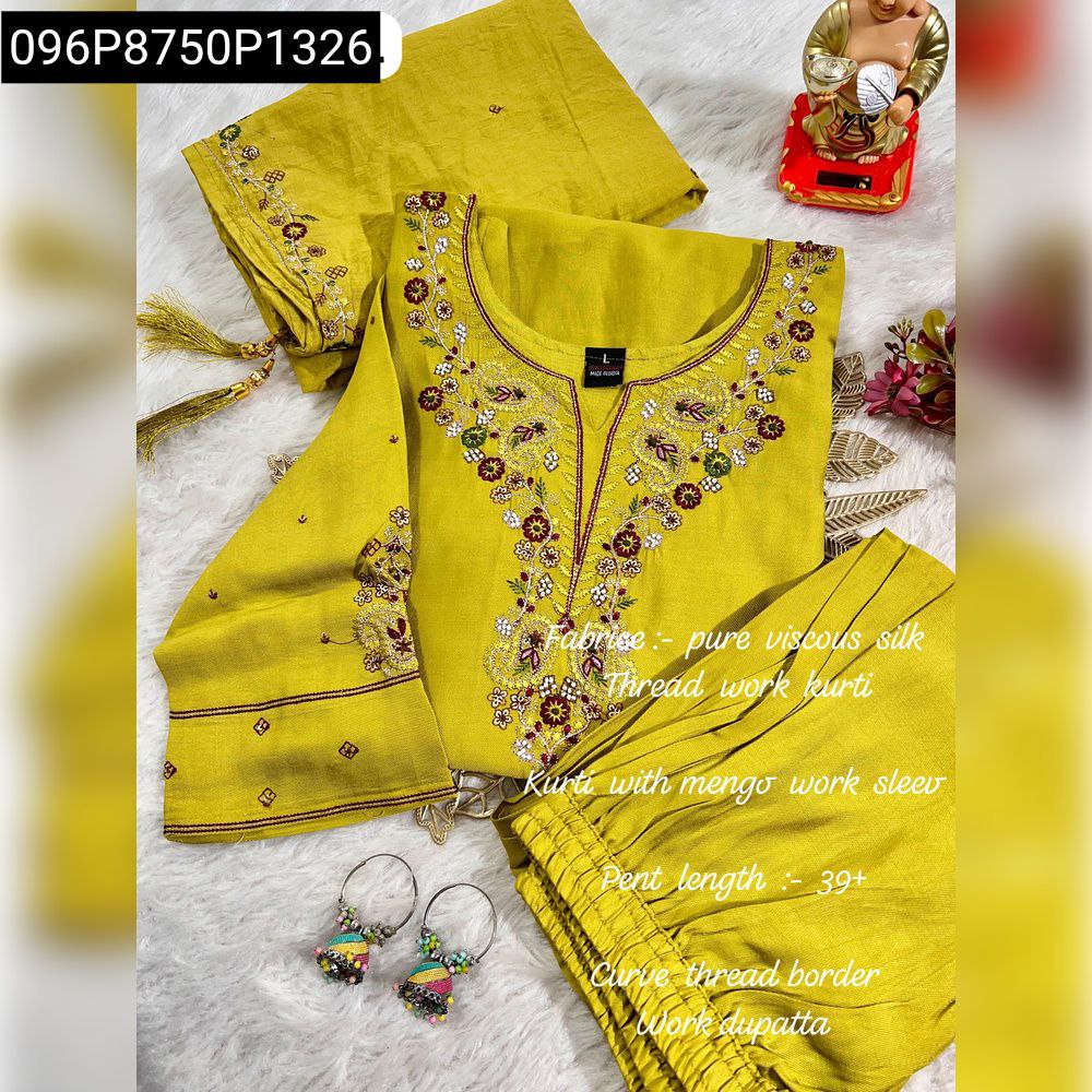 Lime Green Hand Work Viscose Kurti Pant Dupatta Set, flat lay