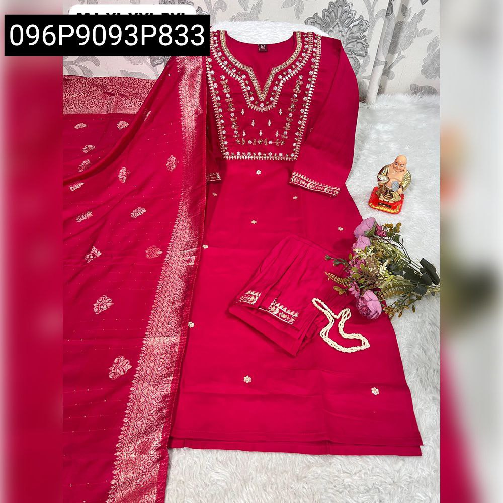 Women's Fuchsia Hand Work Viscose Kurti with Dupatta and Pant Set, elegantly laid out for display.