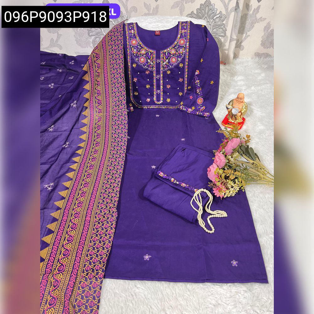 Women's Lavender Purple Hand Work Kurti Set with Printed Dupatta and Pant