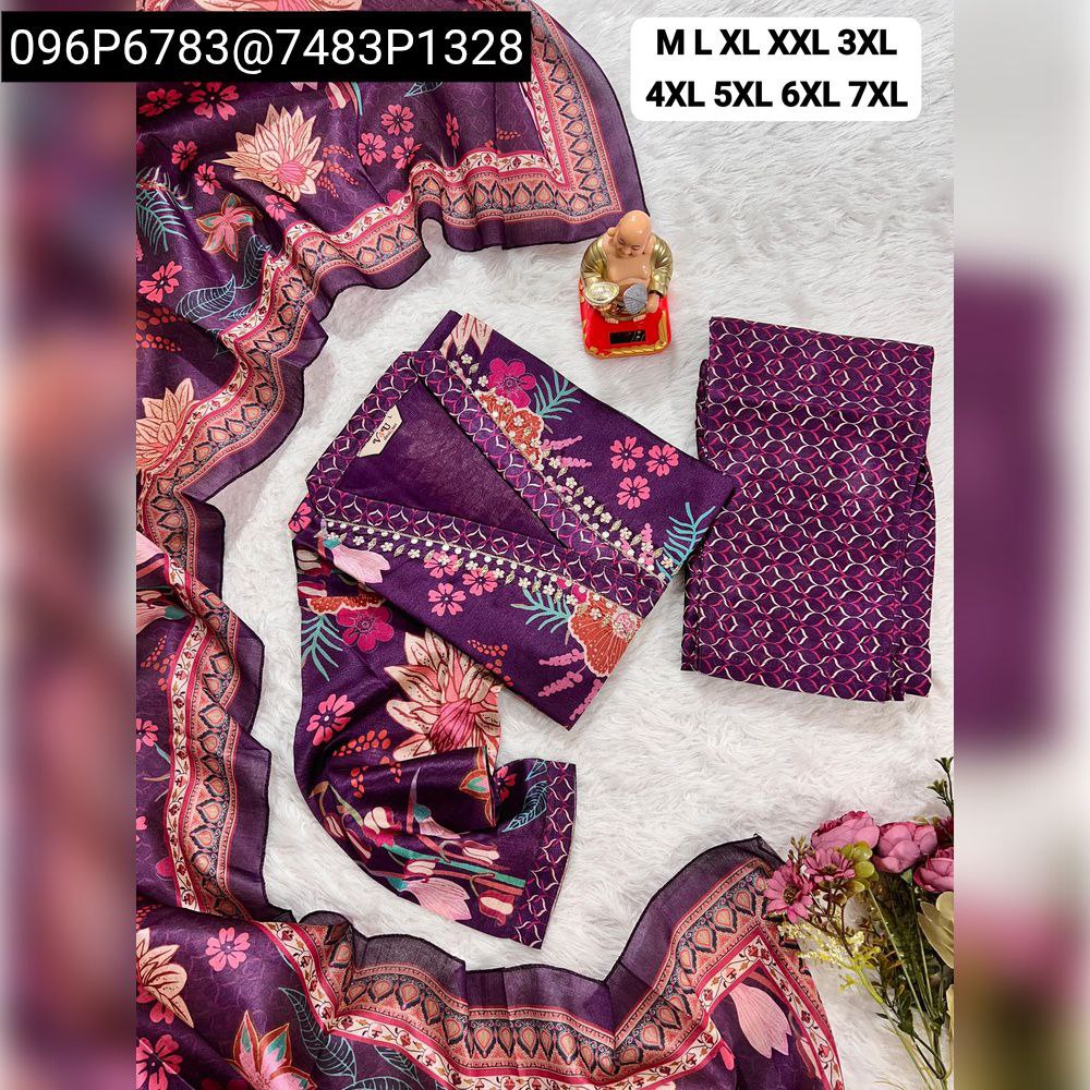 Women's Lavender Purple Jarna Silk Handwork Kurti Pant Dupatta Set with Floral Print