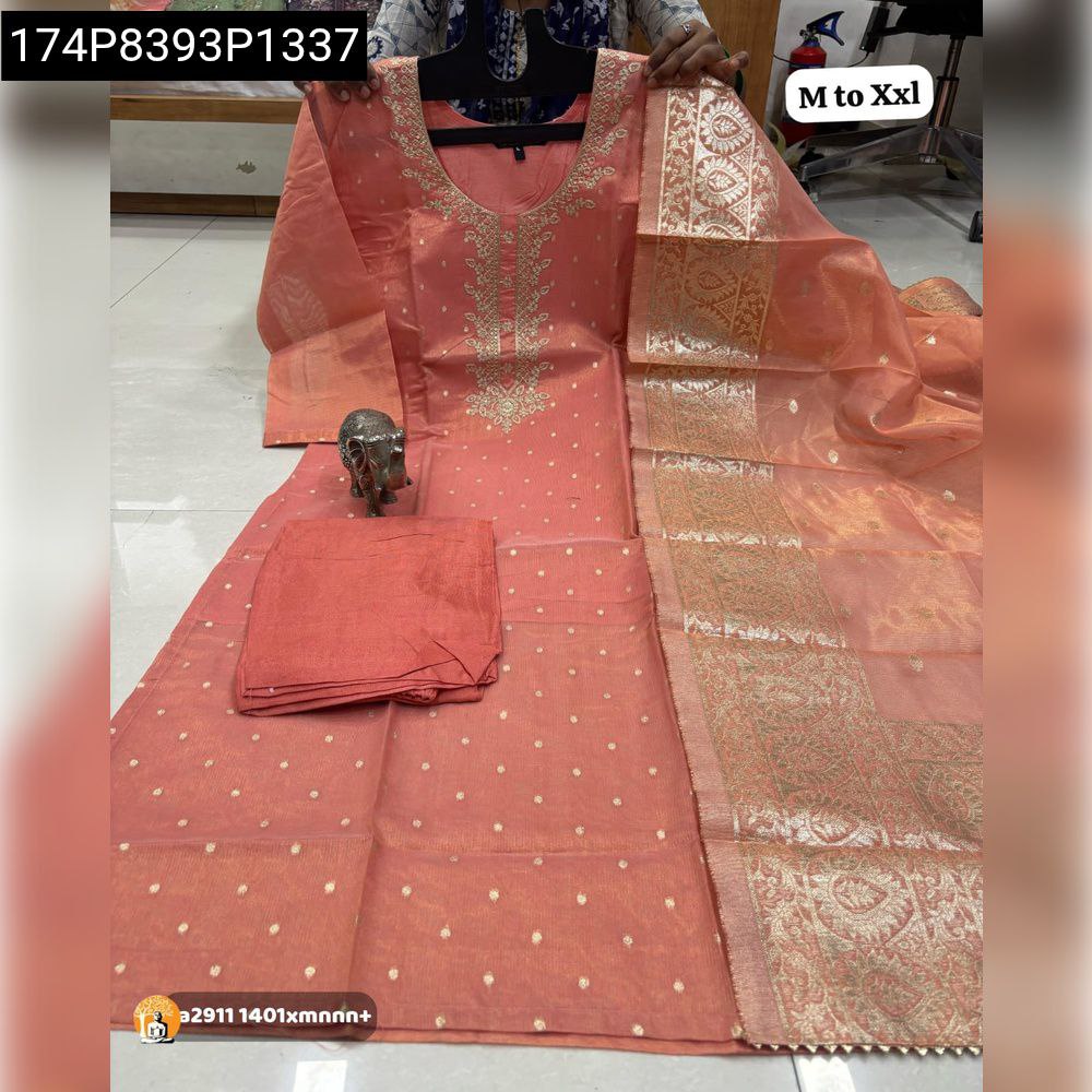 Women's Coral Peach Handwork Kurti Set with Banarasi Dupatta, Front View