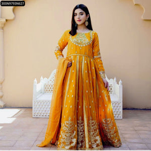 Women's Heavy Embroidered Georgette Gown Pant Dupatta Set | Festive Wear